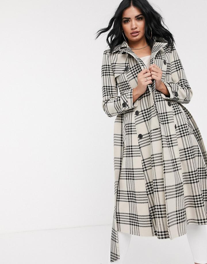 Helene Berman Double Breasted Check Trench Coat-beige