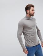Asos Long Sleeve Roll Neck T-shirt In Beige - Brown