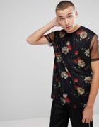 Asos Longline T-shirt With All Over Floral And Mesh Double Layer - Black