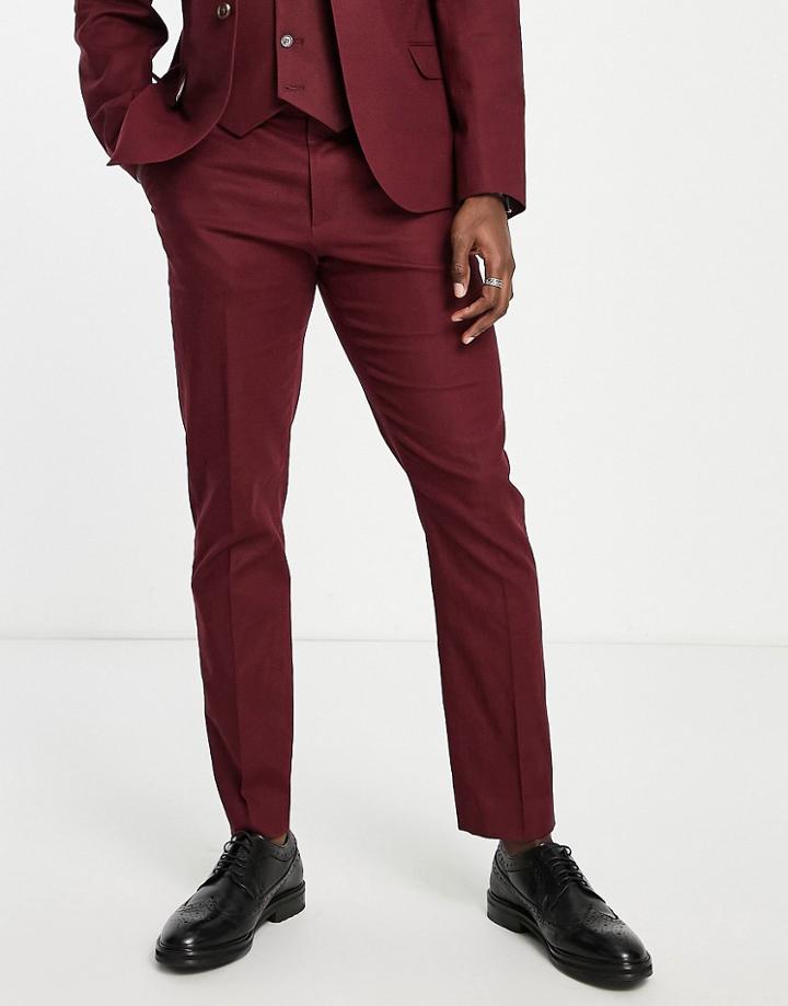 Asos Design Slim Linen Mix Suit Pants In Burgundy-red