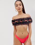 Asos Design Embroidered Folk Off Shoulder Bikini Top In Multi Color