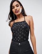 Asos Design Square Neck Scatter Sequin Cami Body - Black