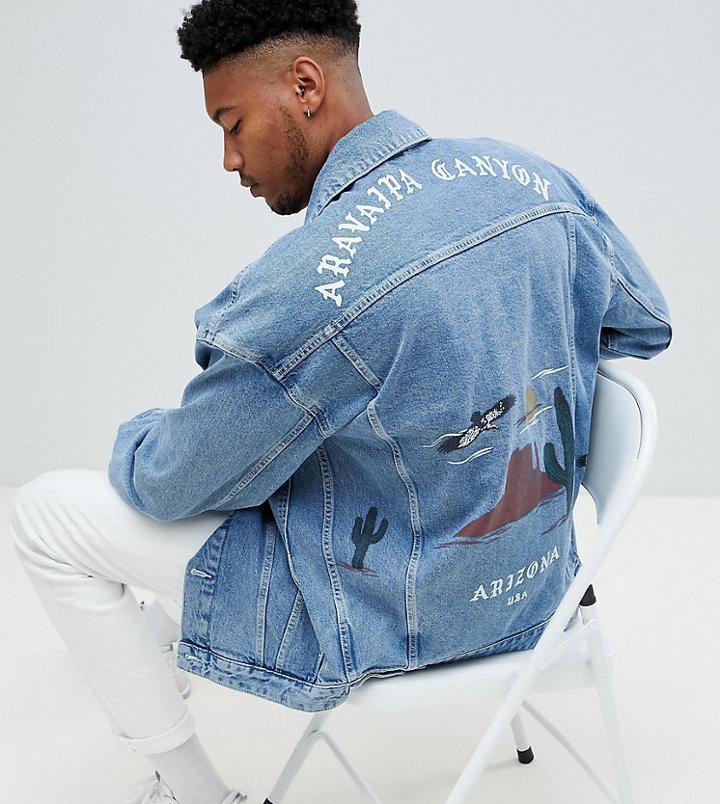 Asos Design Tall Oversized Denim Jacket With Fringing And Print - Blue