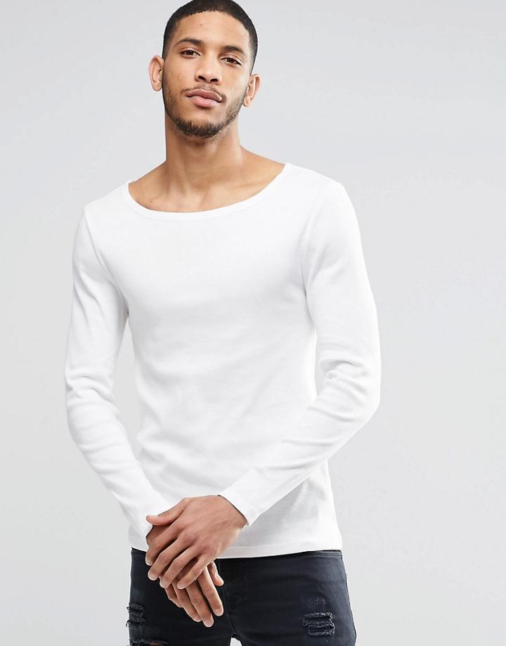 Asos Rib Extreme Muscle Long Sleeve T-shirt With Boat Neck In Off White - Off White