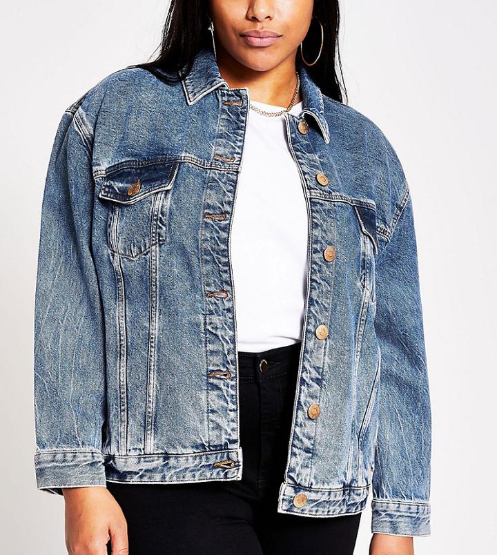 River Island Plus Oversized Denim Jacket In Mid Blue-blues