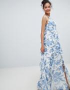Asos Design Soft Ruffle Maxi Dress In Blue Floral - Multi