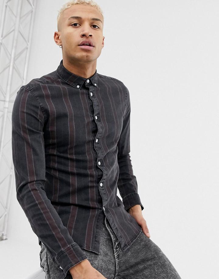 Asos Design Skinny Stretch Denim Stripe Shirt-black