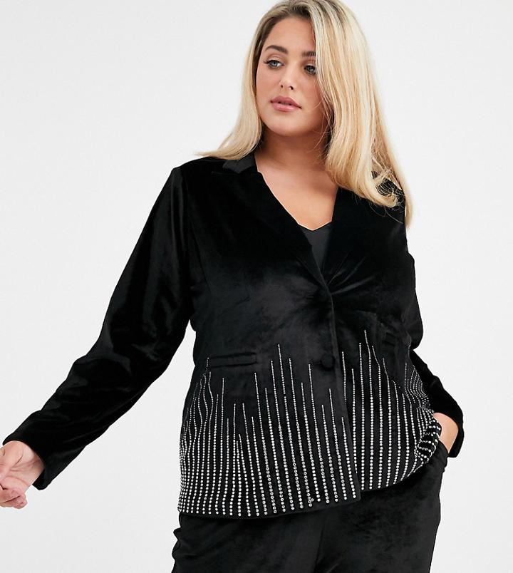 Fashion Union Plus Velvet Tuxedo Coord With Rhinestone Scattered Trim