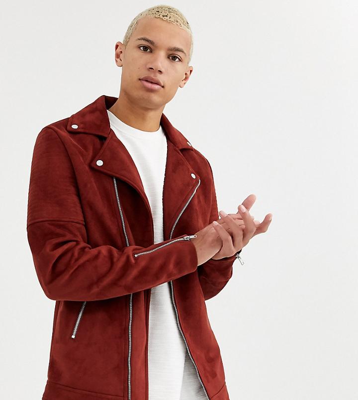 Asos Design Tall Faux Suede Biker Jacket In Burgundy-red