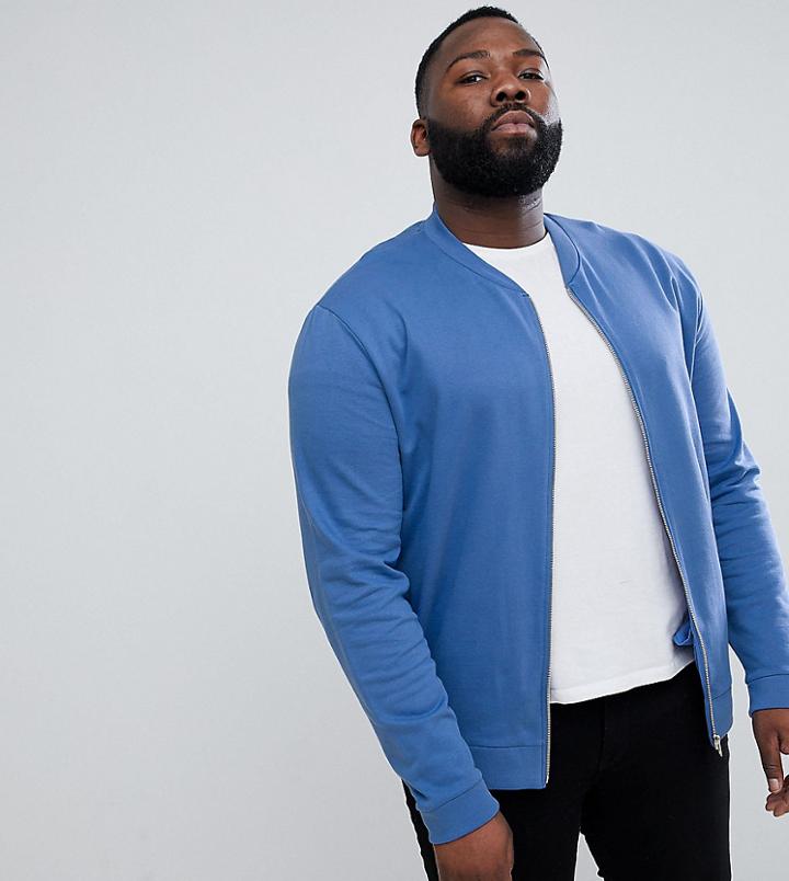 Asos Design Plus Jersey Bomber Jacket In Blue - Blue