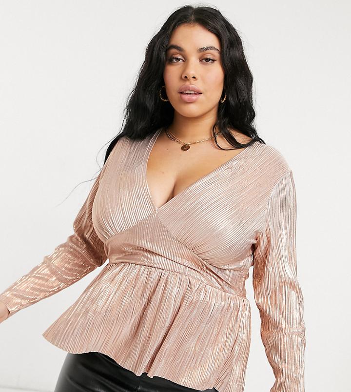 Asos Design Curve Plisse Peplum Top In Metallic-gold