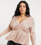 Asos Design Curve Plisse Peplum Top In Metallic-gold