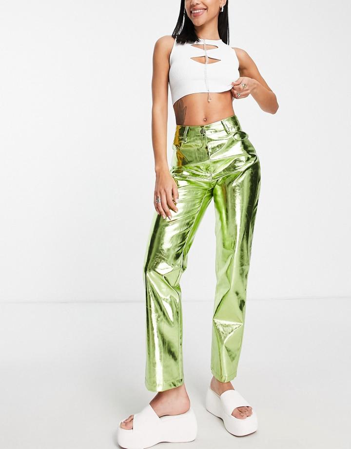 Amy Lynn High Rise Fluid Metallic Pants In Iridescent Green