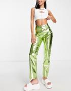 Amy Lynn High Rise Fluid Metallic Pants In Iridescent Green