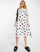 Lost Ink Floral Print Off-shoulder Midi Dress In White-multi
