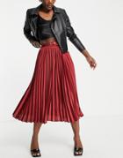 Asos Design Satin Pleated Midi Skirt With Belt In Wine-red