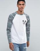 Asos Long Sleeve T-shirt With Camo Raglan And Mickey Print - White