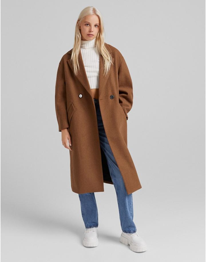 Bershka Long Line Formal Coat In Brown