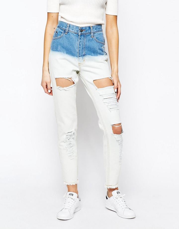 Good Vibes Bad Daze Ripped High Waisted Dip Dye Boyfriend Jeans - Blue