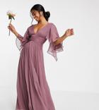 Asos Design Petite Bridesmaid Ruched Bodice Drape Maxi Dress With Wrap Waist And Flutter Cape Sleeve In Mauve-purple