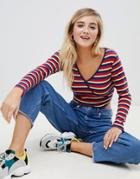 Asos Design Long Sleeve Wrap Top In Bright Stripe Rib - Multi