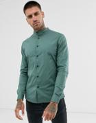 Asos Design Skinny Fit Smart Shirt In Dark Green With Grandad Collar