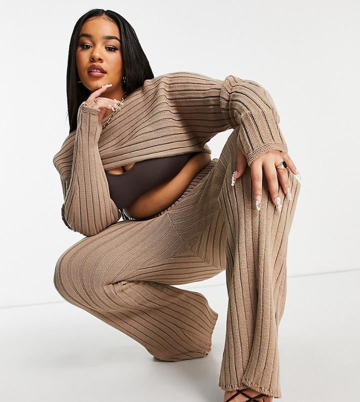 Asos Design Curve Knitted Rib Boxy Set Top In Mink-neutral