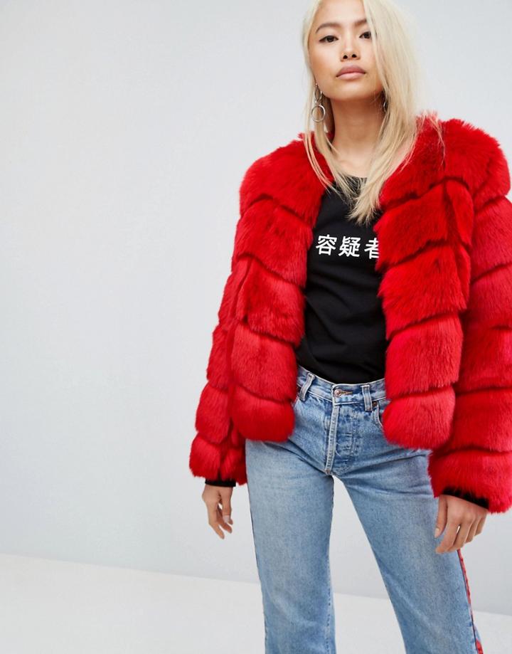 Jakke Cropped Faux Fur Paneled Coat - Red