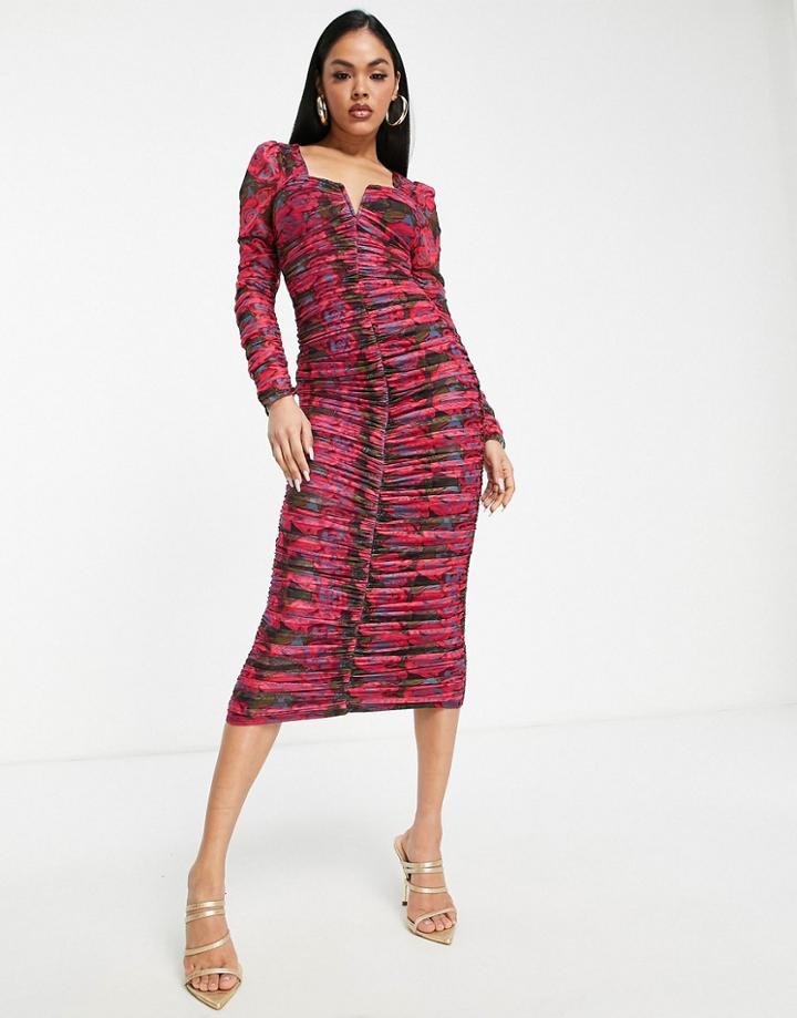 Little Mistress Printed Ruched Body-conscious Dress In Multi