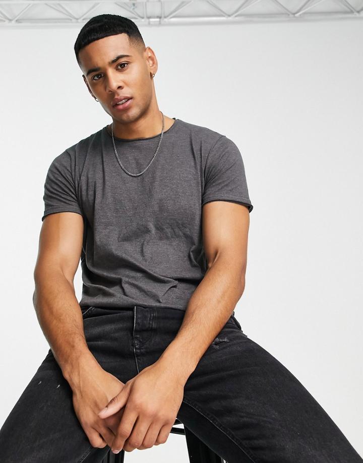 Brave Soul Raw Edge T-shirt In Charcoal Marl-gray