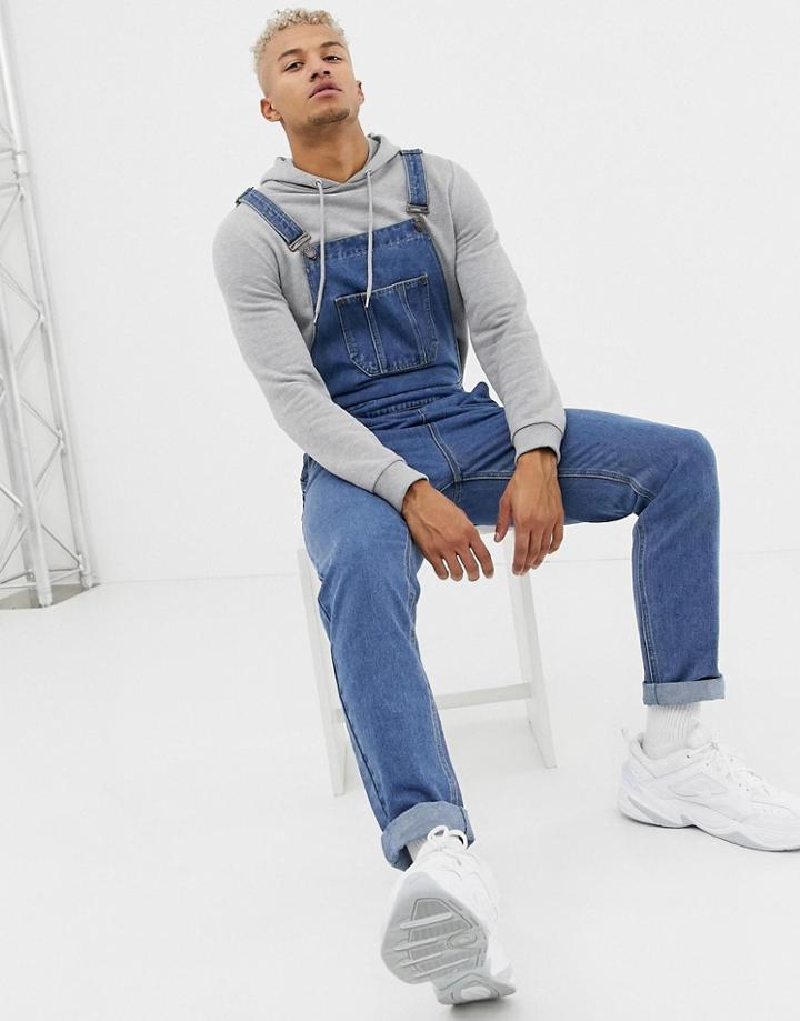 Boohooman Slim Fit Overalls In Mid Wash Blue - Blue