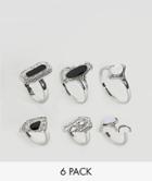Asos Design Pack Of 6 Enamel And Faux Moonstone Rings - Silver
