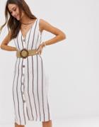 River Island Linen Midi Dress With Belt In Stripe