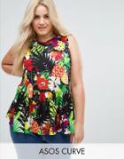 Asos Curve Top With Ruffle Hem In Tropical Print - Multi