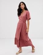 New Look Linen Tiered Wrap Dress In Dusty Rose - Red