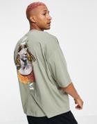 Asos Design Oversized T-shirt In Khaki Organic Cotton With Statue Back Print-green