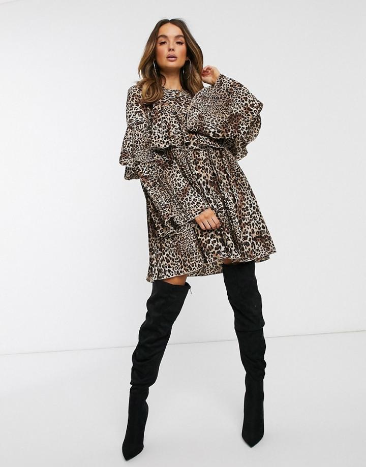 Missguided Pleated Smock Dress In Leopard-multi