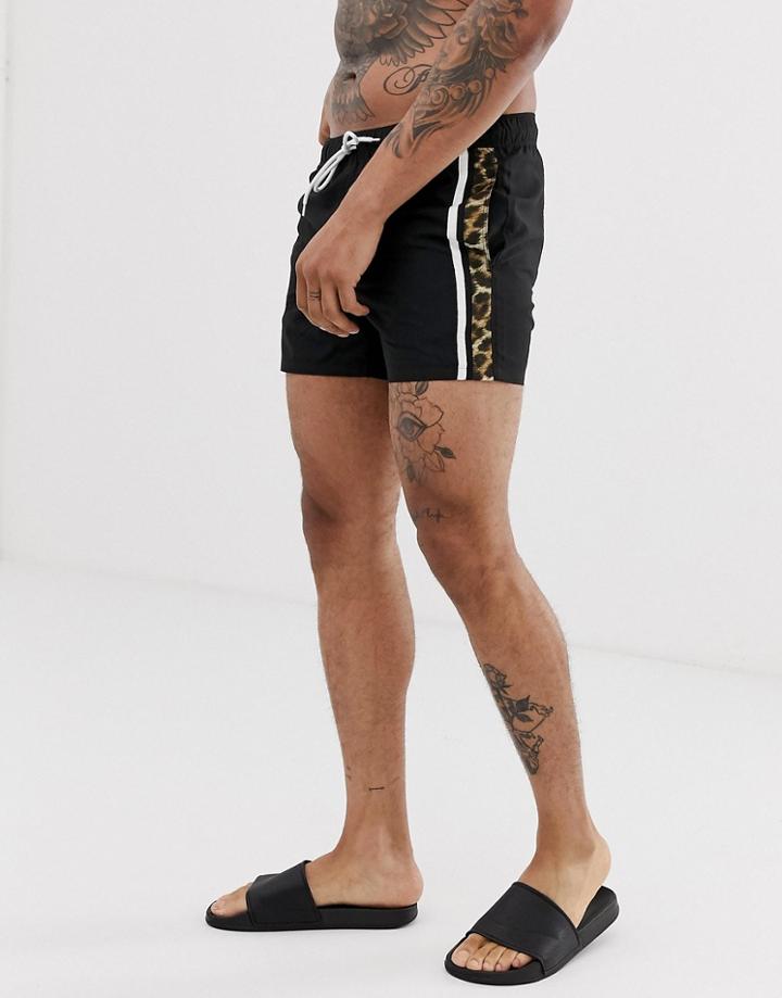 Asos Design Swim Short With Leopard Side Tape In Short Length-black