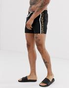 Asos Design Swim Short With Leopard Side Tape In Short Length-black
