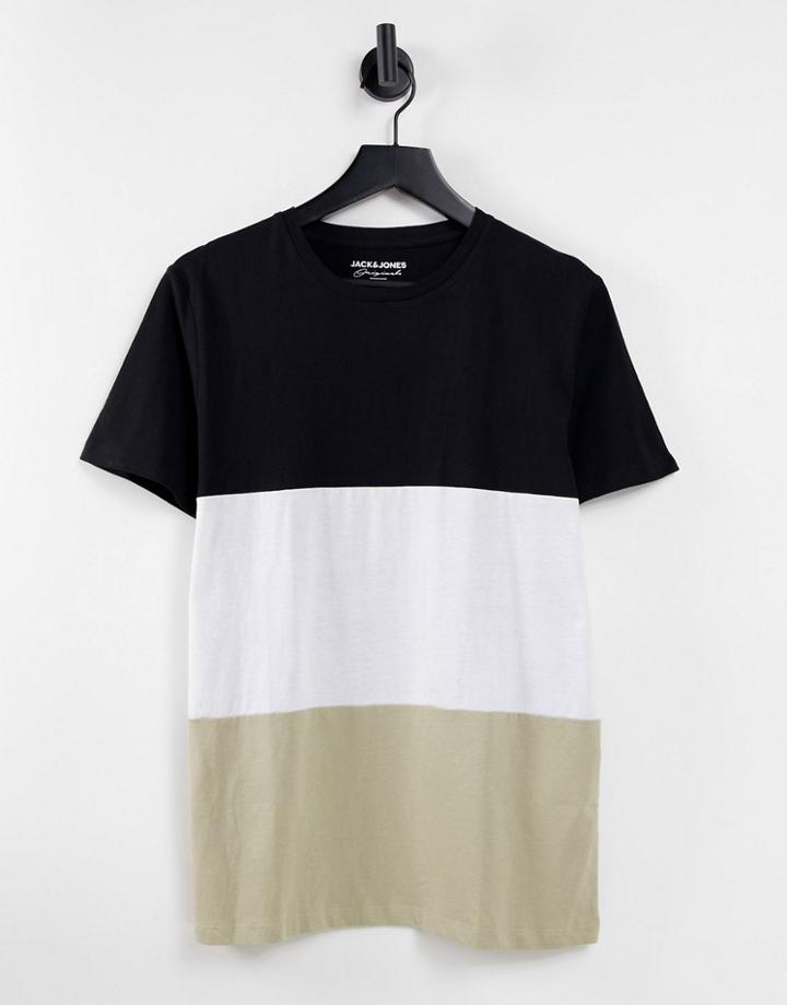 Jack & Jones Color Block T-shirt In Black, White & Beige-multi