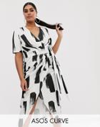 Asos Design Curve Mono Smudge Wrap Dress-multi