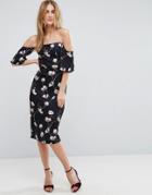 Asos Textured Fluted Sleeve Floral Midi Dress - Multi