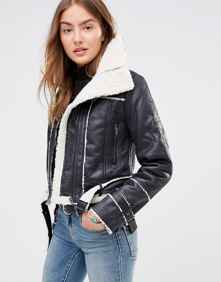 Brave Soul Faux Shearling Aviator Jacket - Black