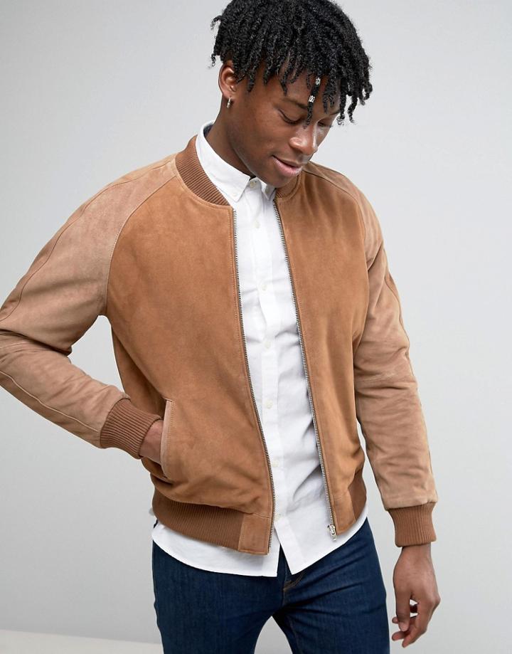 Asos Suede Bomber Jacket With Contrast Sleeves In Tan - Tan