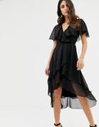 Asos Design Cape Back Dipped Hem Midi Dress-black