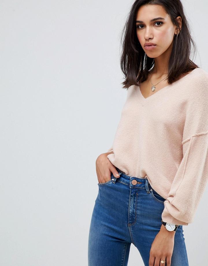 Asos Design Fluffy Sweater With V Neck - Pink