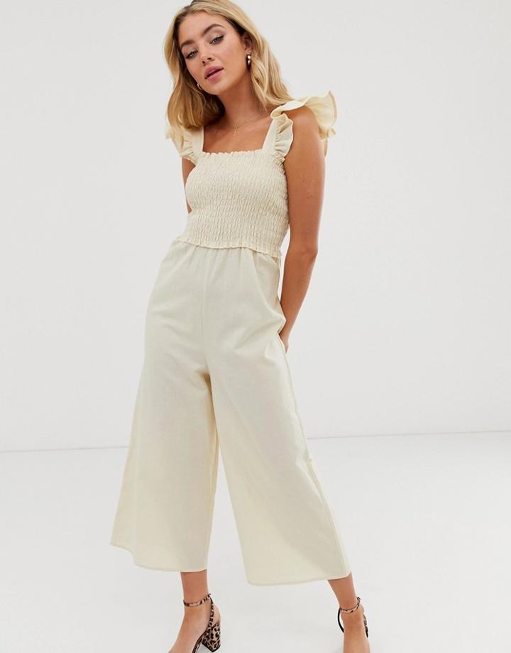 Asos Design Shirred Frill Sleeve Jumpsuit - Beige