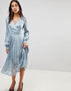 Little Mistress Wrap Front Midi Dress With Lace Pleated Skirt - Blue
