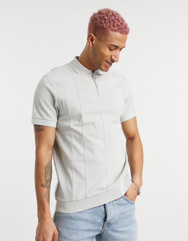 Asos Design Cut & Sew Polo With Zip And Rib Hem In Gray-grey