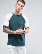Asos Longline T-shirt With Raglan Sleeves And Twisted Piping In Green - Green
